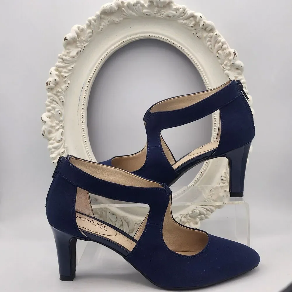 8.5M LifeStride Navy Strappy Closed Toe Pumps Giovanna 2  Zipper Back 2-5/8